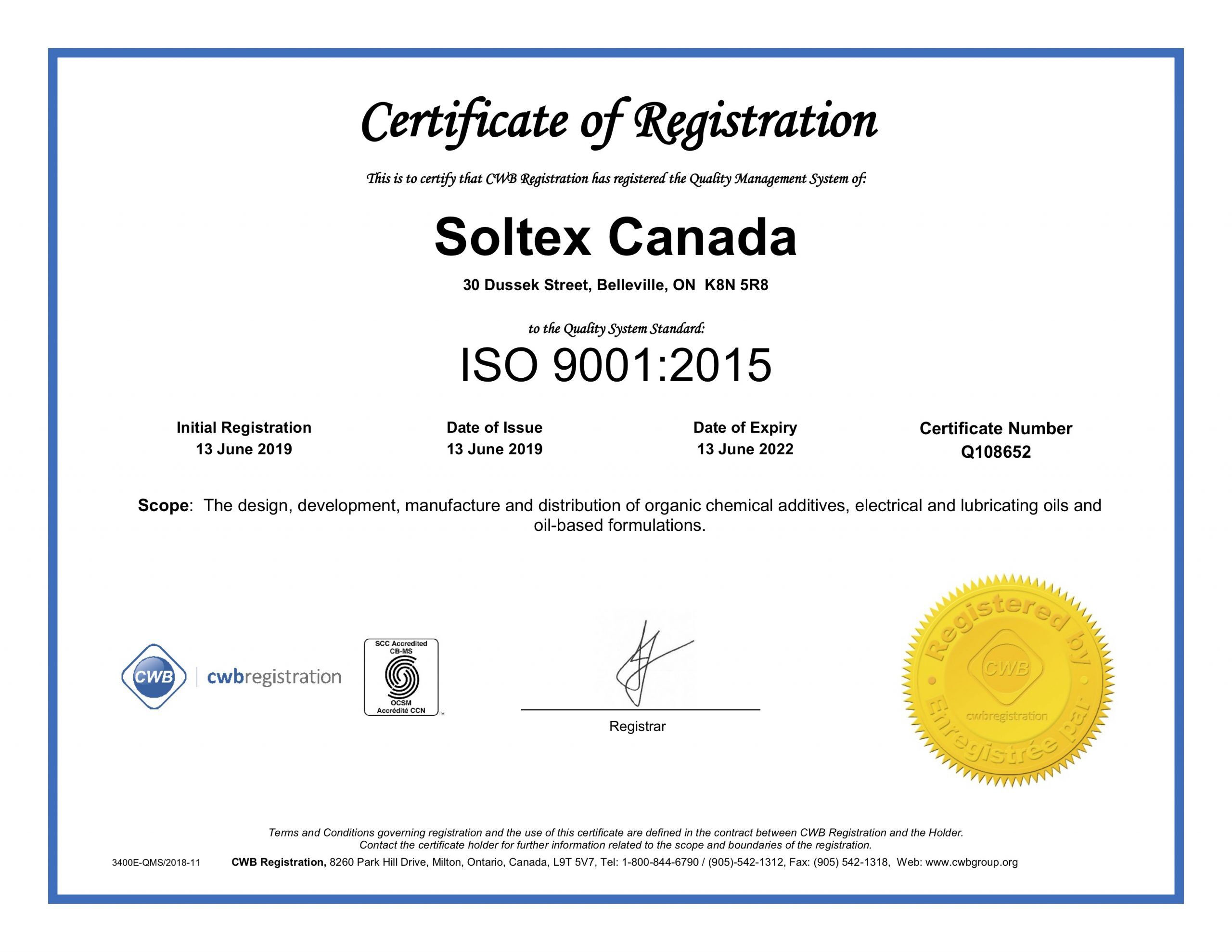 Soltex ISO 9001: 2015 Certificate of Registration