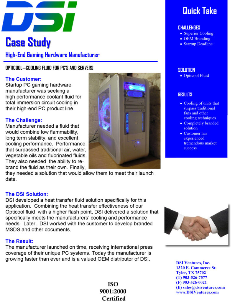 DSI Electronics Cooling Case Study, Heat Transfer Fluid, OptiCool Cooling Fluid